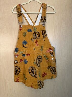 We The Free mustard yellow paisley floral super soft denim short overalls